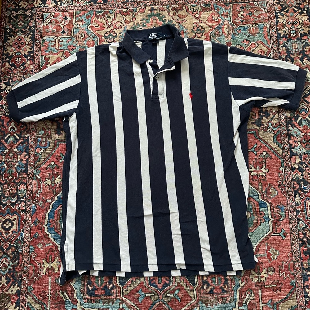 Vtg 90s Polo Ralph Lauren Navy and White Vertical Striped Shirt men’s XL